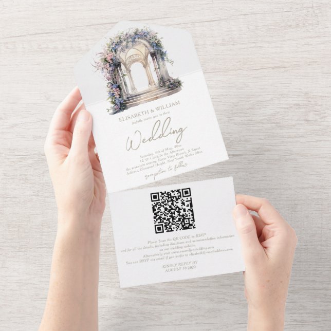 Código QR De Casamento De Arco Floral De Watercolo (Aba destacável)
