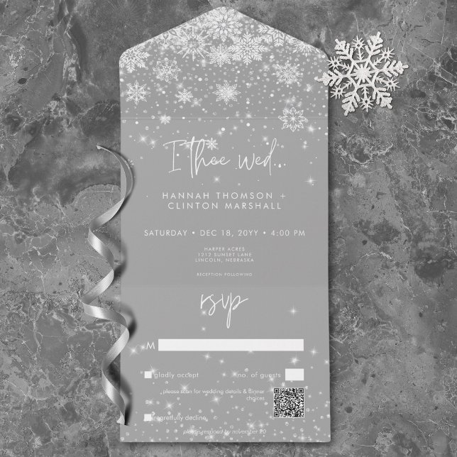 Código QR de Casamento de Flocos de Neve Brancos M (Modern White Sparkle Snowflakes Wedding QR Code All In One Invitation)