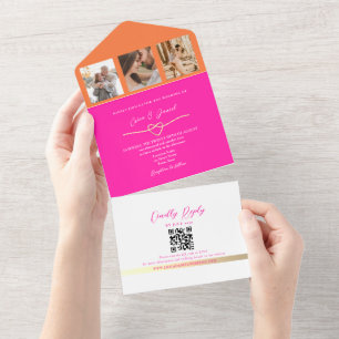 Código QR de Casamento de Foto Rosa e Laranja