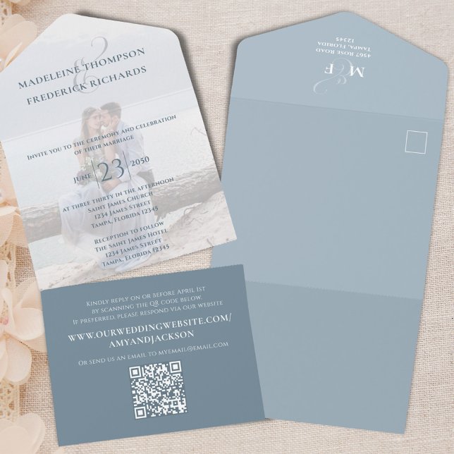 Código QR de Casamento de Modelo de Foto Simples A (Blue wedding all in one style invitation.)