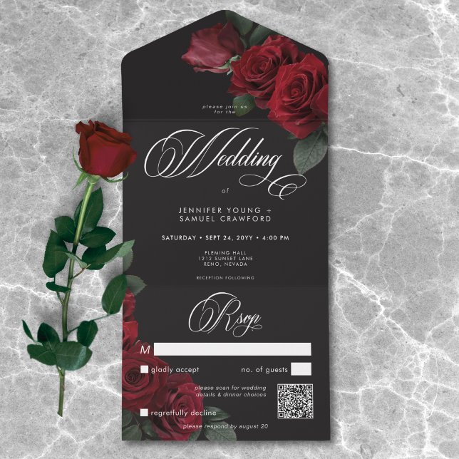 Código QR de Casamento de Rosas vermelhas de sangu (Elegant Moody Blood Red Roses Wedding QR Code All In One Invitation)