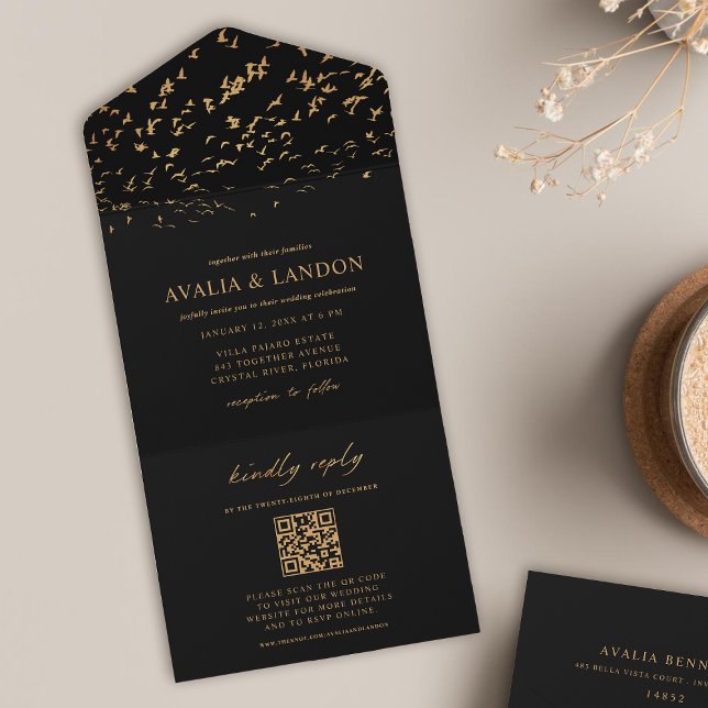 Código QR de Casamento Dourado e Negro de Aves Ele (Criador carregado)