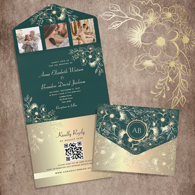 Código QR de Casamento Dourado e Verde Esmeralda (Criador carregado)