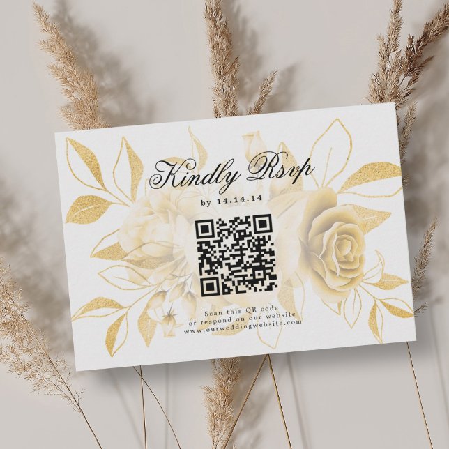 Código QR de Casamento Elegante RSVP Dourado Flora (Elegant Wedding QR Code RSVP Gold Floral)