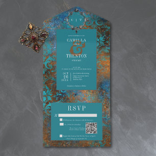 Código QR de Casamento em Damasco Dourado e Azul E