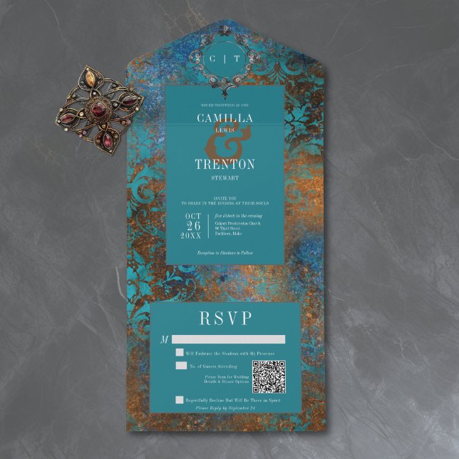 Código QR de Casamento em Damasco Dourado e Azul E (Criador carregado)