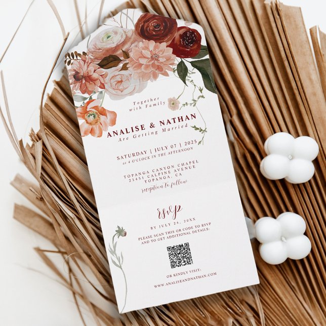 Código QR de Casamento Floral de Boho Burgundy (Criador carregado)