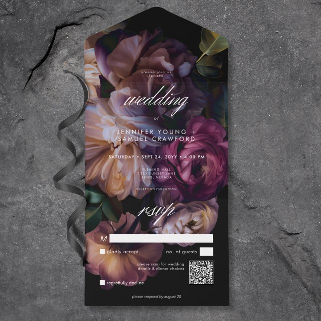 Código QR de Casamento Floral de Moody Negra Elega (Elegant Black Moody Floral Wedding QR Code All In One Invitation)