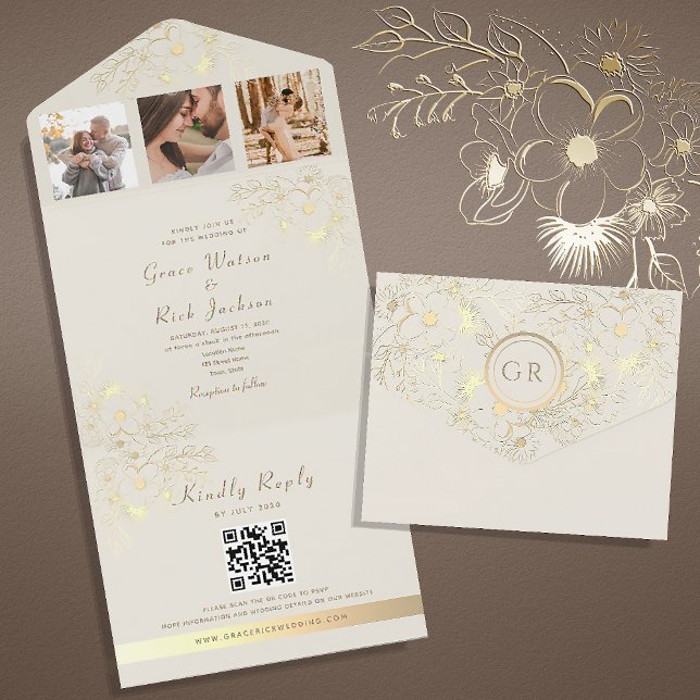Código QR de Casamento Floral Dourado e Marfim (Criador carregado)