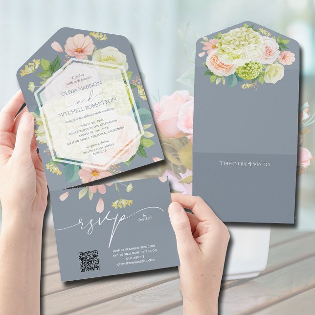 Código QR de Casamento Floral Dusty Blue (Criador carregado)