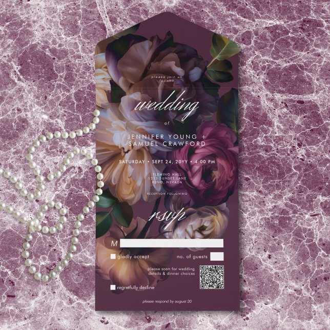 Código QR de Casamento Floral Elegante Borgonha Ma (Criador carregado)