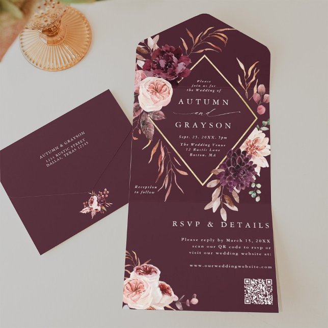 Código QR de Casamento Geométrico Dourado de Autum (Inside & Back)