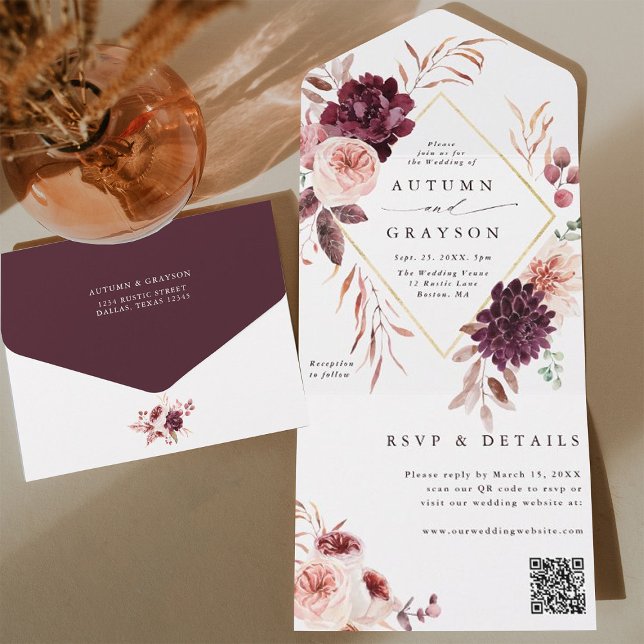 Código QR de Casamento Geométrico Dourado de Autum (Inside & Back)