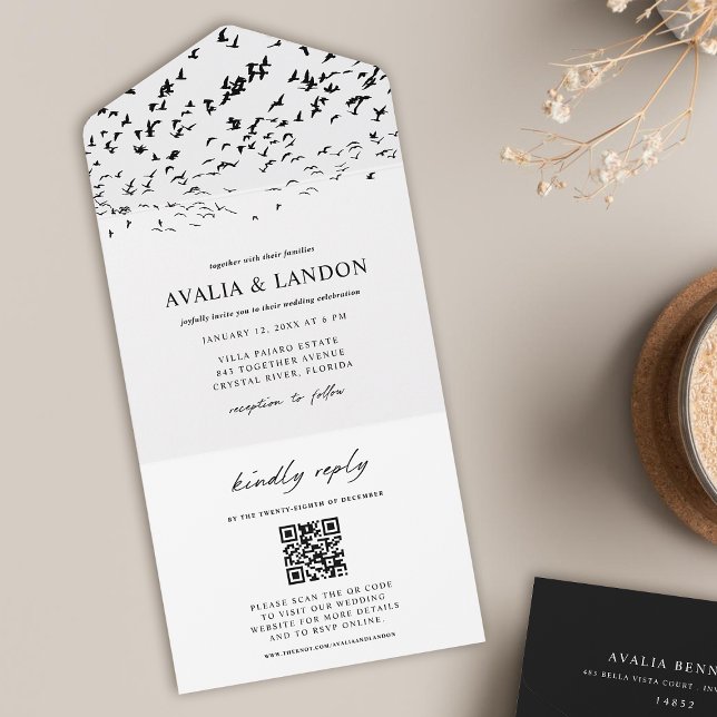 Código QR de Casamento Negro e Branco de Aves Eleg (Criador carregado)