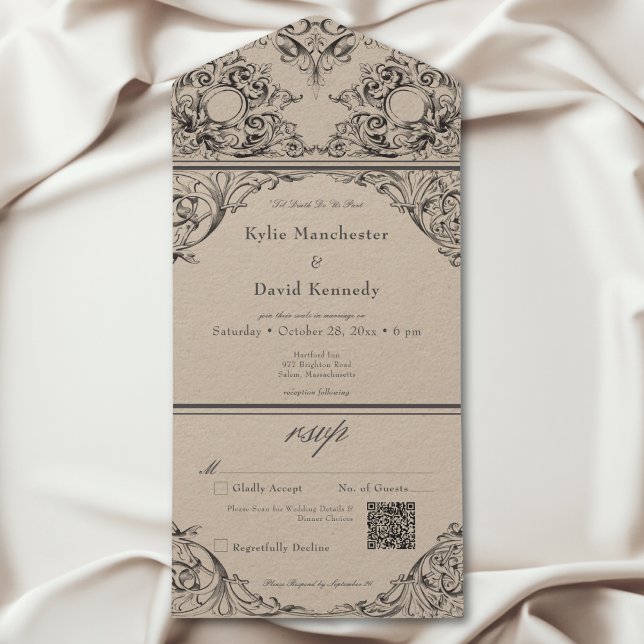 Código QR de Casamento Preto e Bege Estilo Vitoria (Victorian Til Death Black Tan Wedding QR Code All In One Invitation)