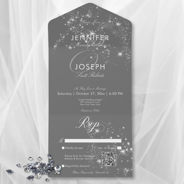 Código QR de Cinzas Mínimas Modernas e Ouros de Gl (Modern Minimal Gray & White Glam Diamonds QR Code All In One Invitation)