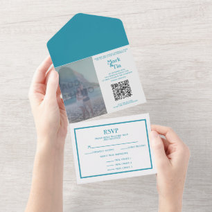 Código QR de Convite de Casamento Azul All in One