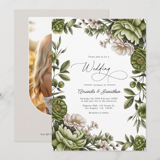 Código QR de Convite de Casamento Floral Verde Oli (Frente/Verso)