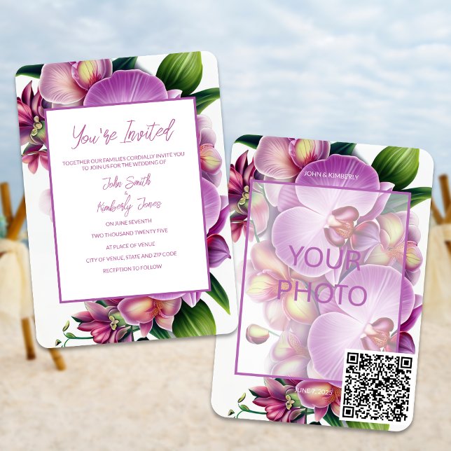 Código QR de Convite de Foto Floral (Add your photo and your very own QR code with these floral orchids in bloom wedding invitations)