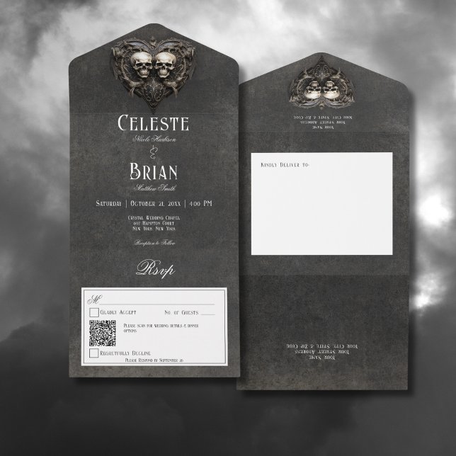 Código QR de Corações e Caveiras em Preto e Branco (Gothic Black & White Skulls & Heart All In One Wedding Invitation with QR Code)