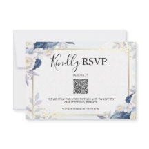 Código Qr de Elegante Azul e Floral Dourada Rsvp