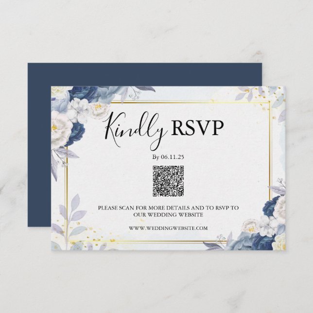 Código Qr de Elegante Azul e Floral Dourada Rsvp (Frente/Verso)