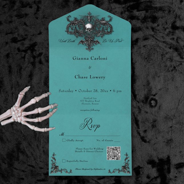 Código QR de Filigre de Halloween Preto e Teal Gót (Gothic Black & Teal Halloween Filigree QR Code All In One Invitation)