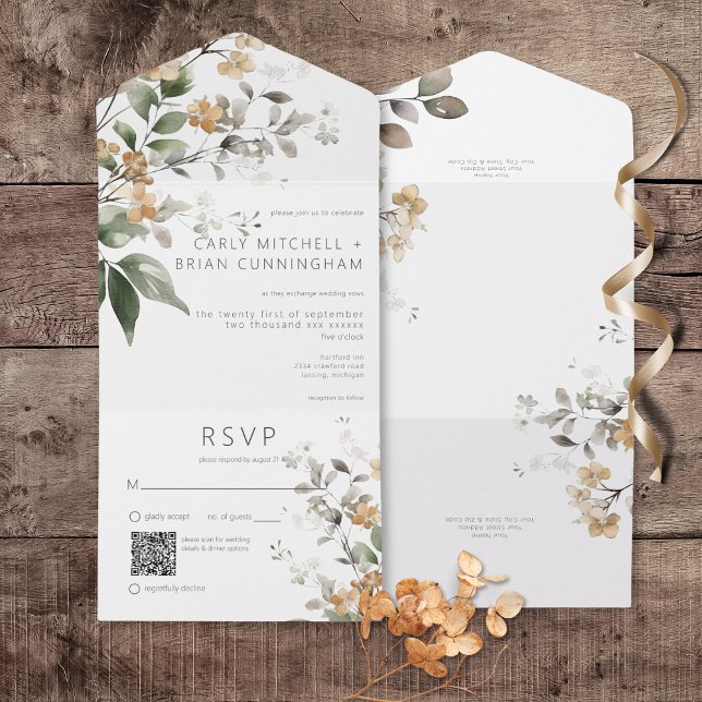 Código QR de Flores Silvestres Delicadas Rústicas  (Rustic Delicate Tan Fall Wildflowers All In One Wedding Invitation with QR Code)