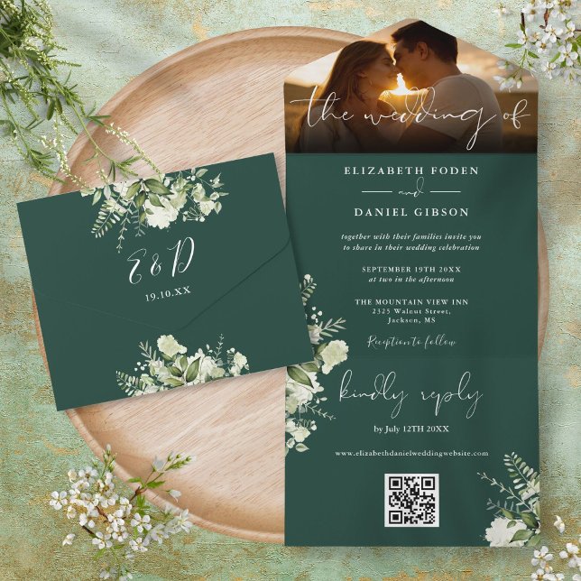 Código QR de Foto de Casamento com Verdor Floral E (Emerald Floral Greenery QR Code Wedding Photo All In One Invitation)
