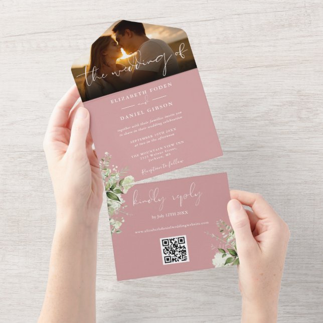 Código QR de Foto de Casamento Floral Rosa Empoeir (Aba destacável)