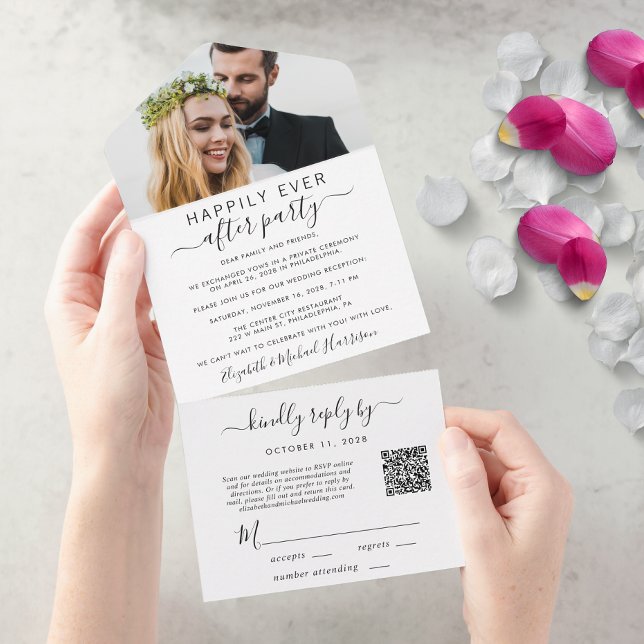 Código QR de Foto Elegante para Recepção de Casame (An chic Happily Ever After Party all-in-one invitation for your wedding celebration)