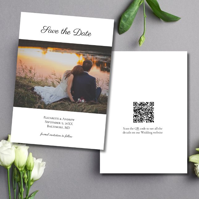 Código QR de foto para o convite de casamento  (Photo QR Code Modern Elegant Wedding Save the Date Card)