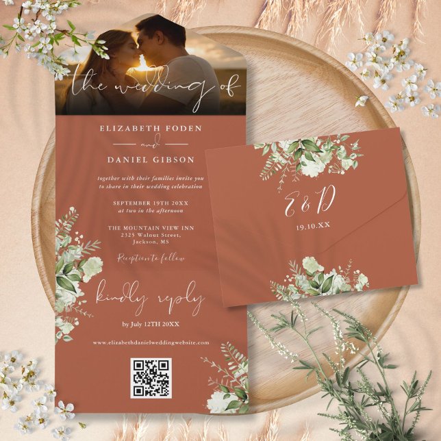 Código QR de Fotografia de Casamento com Flora de  (Terracotta Floral Greenery QR Code Wedding Photo All In One Invitation)