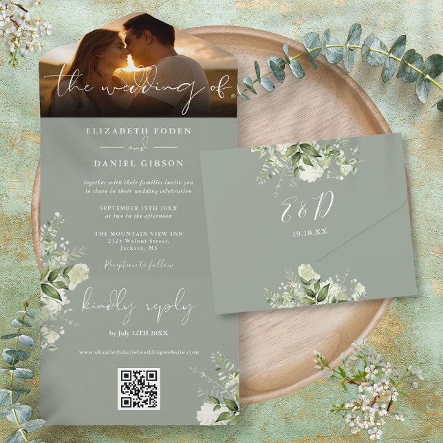 Código QR de Fotografia de Casamento com Verde Fol (Sage Green Floral Greenery QR Code Wedding Photo All In One Invitation)