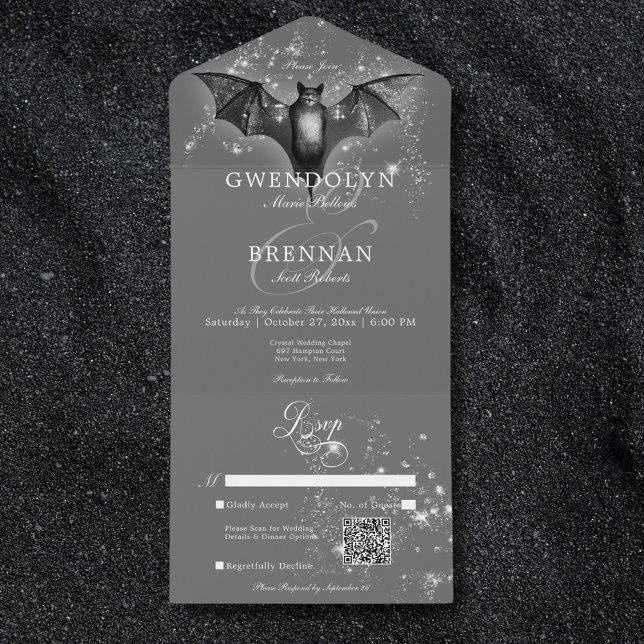 Código QR de Glam de Halloween Escuro e Ouros (Dark Halloween Glam Bat & Diamonds QR Code All In One Invitation)