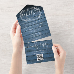 Código QR de madeira rústica azul Floral Casamento
