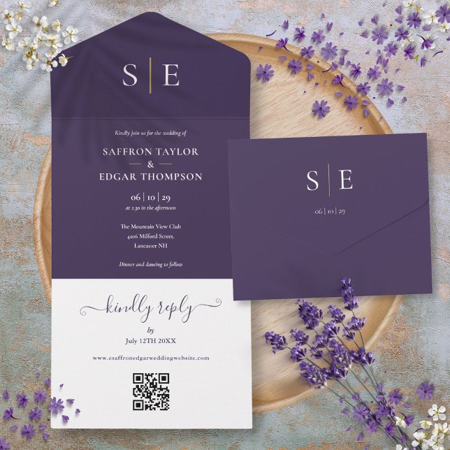 Código QR de Monograma Casamento Roxo e Dourado (Monogram QR Code Purple And Gold Wedding All In One Invitation)