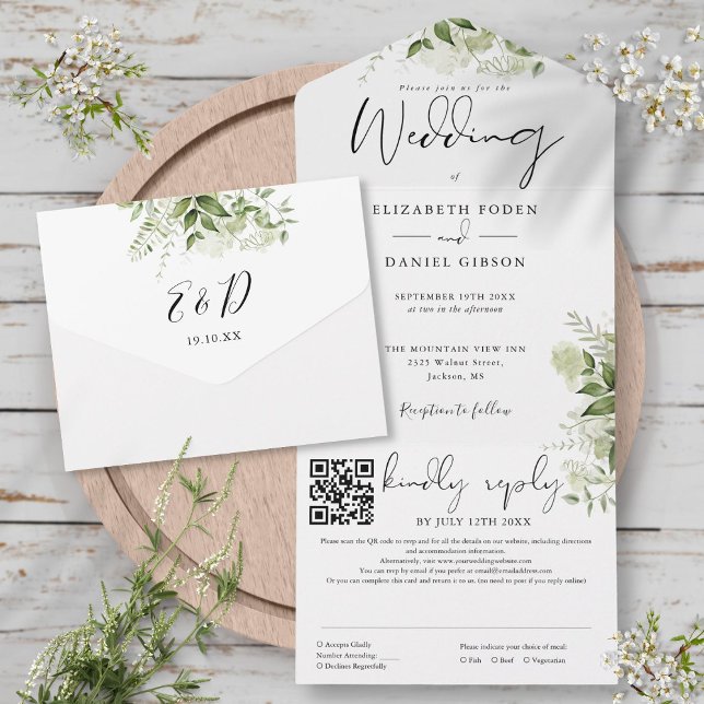 Código QR de Monograma Floral Verde Casamento (Greenery Floral Monogram QR Code Wedding All In One Invitation)