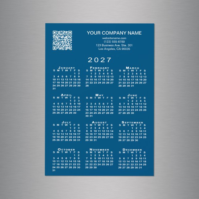 Código QR de Negócios Personalizado Calendário 202 (Custom Business QR Code 2027 Calendar Blue Magnet in situ)