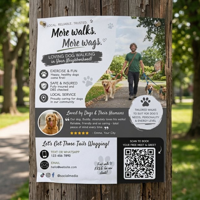 Código QR de panfletos de negócios de passeio de c (Dog Walking Flyers black )