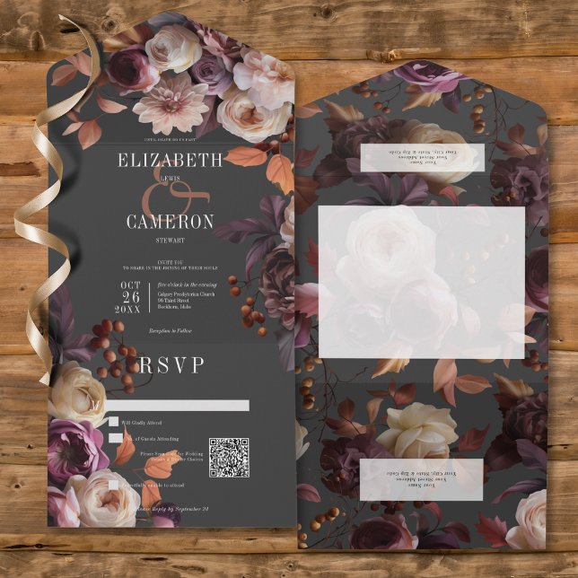 Código QR de Queda Escura de Moody Burgundy e Crea (Dark Moody Fall Burgundy & Cream Peonies All In One Wedding Invitation with QR Code)