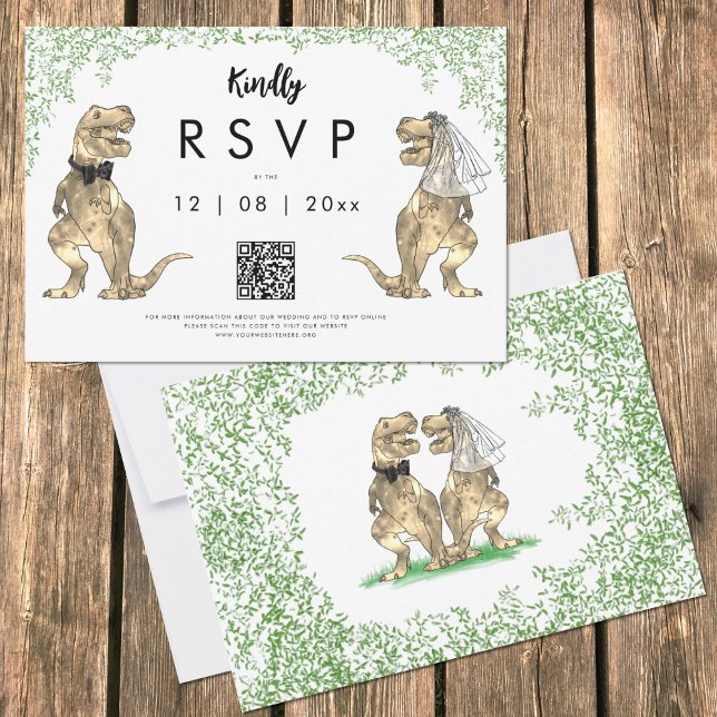Código QR de resposta de casamento de dinossauro (Funny T-Rex bride and groom dinosaur jungle wedding  original artwork by artist Catherine Sweetman )