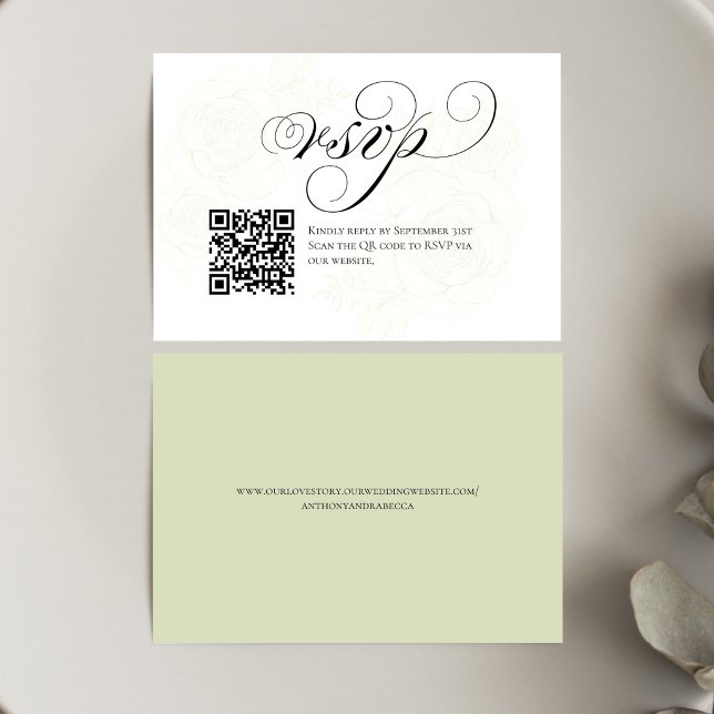 Código QR de Resposta de RSVP de Casamento com Let (Elegant script RSVP card with QR code for quick and easy wedding responses)