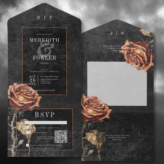 Código QR de Rosa preto e robusto preto-gótico esc (Dark Gothic Black & Rust Rose All In One Wedding Invitation with QR Code)