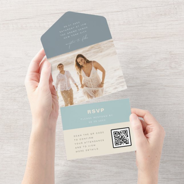 Código QR de RSVP de Casamento Azul Empoeirado Vid (Aba destacável)