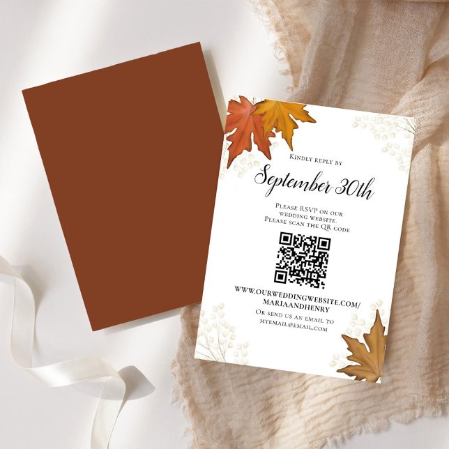 Código QR de RSVP de Casamento de Folhas do outono (Elegant watercolor fall leaves wedding invitation RSVP card)