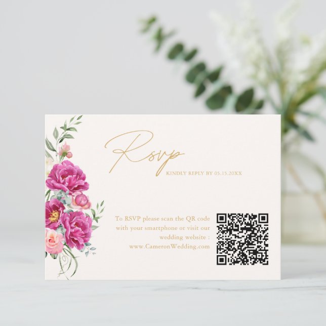 Código QR de RSVP de casamento floral rosa vibrant (Em pé/Frente)