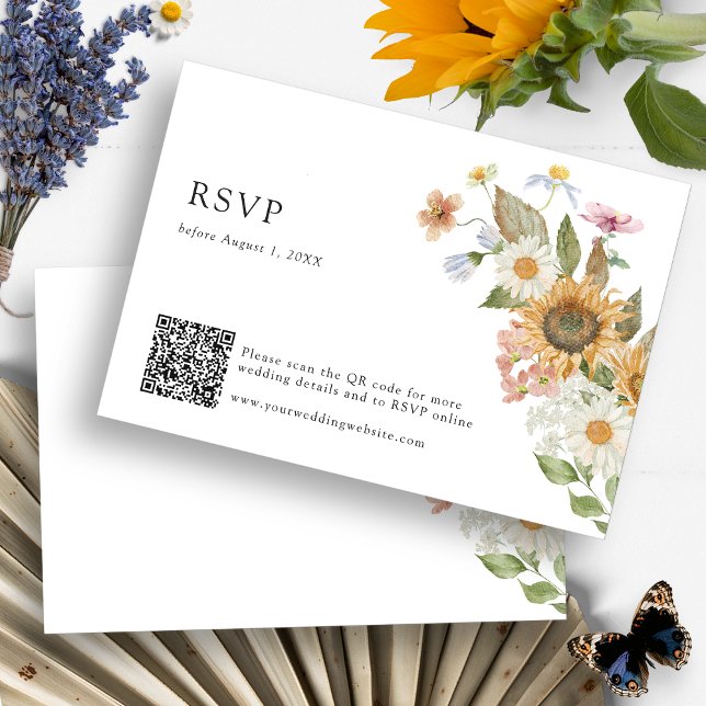 Código QR de RSVP de Girassol (Boho Wildflower Sunflower Watercolor Floral RSVP Card QR Code by Painted Paperie
)