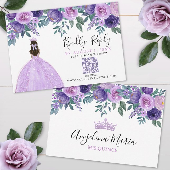 Código QR de RSVP de Quinze Anos Floral Roxo (Purple Floral Quinceanera QR Code RSVP)