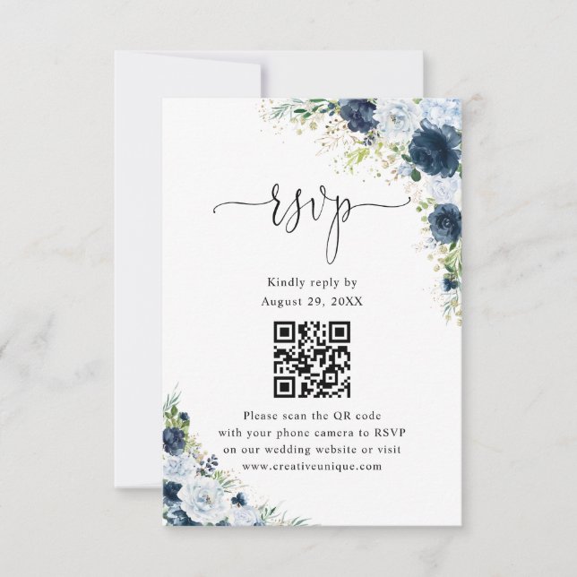 Código QR de RSVP do Site de Noivado Floral Azul M (Frente)